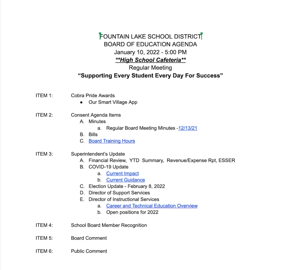 School Board Agenda - January 10, 2021